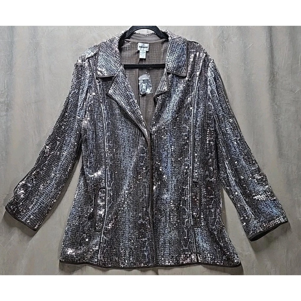 Chicos All Sequin Glam Snakeskin Long Jacket Coat Sz 3 Lightweight Long Sleeves